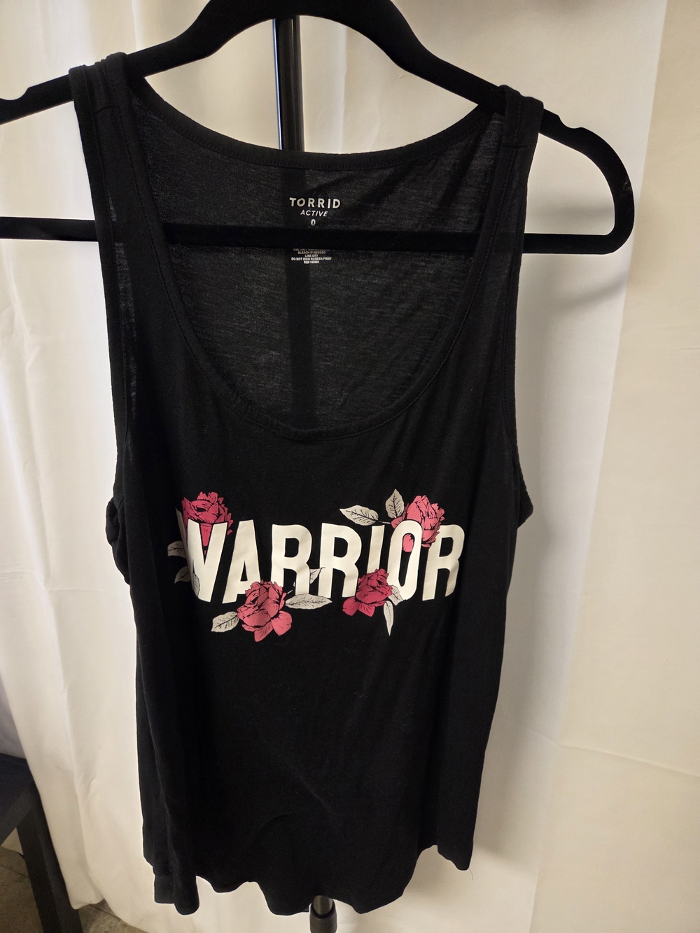 torrid Black Tank Top with White 'WARRIOR' Graphic and Pink Floral Detail